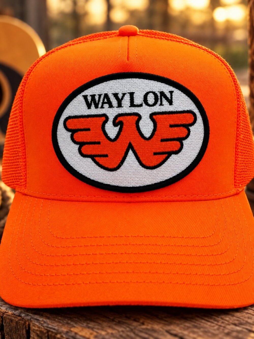 Retro Waylon Jennings Hat Flying W Patch Neon Safety Orange Mesh Snapback Cap